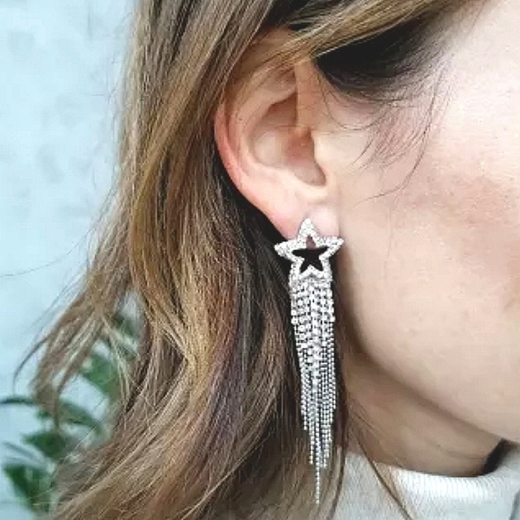 💖 Rhinestone Shooting stars tassel silver Statement formal dangle Earrings new - Picture 4 of 15